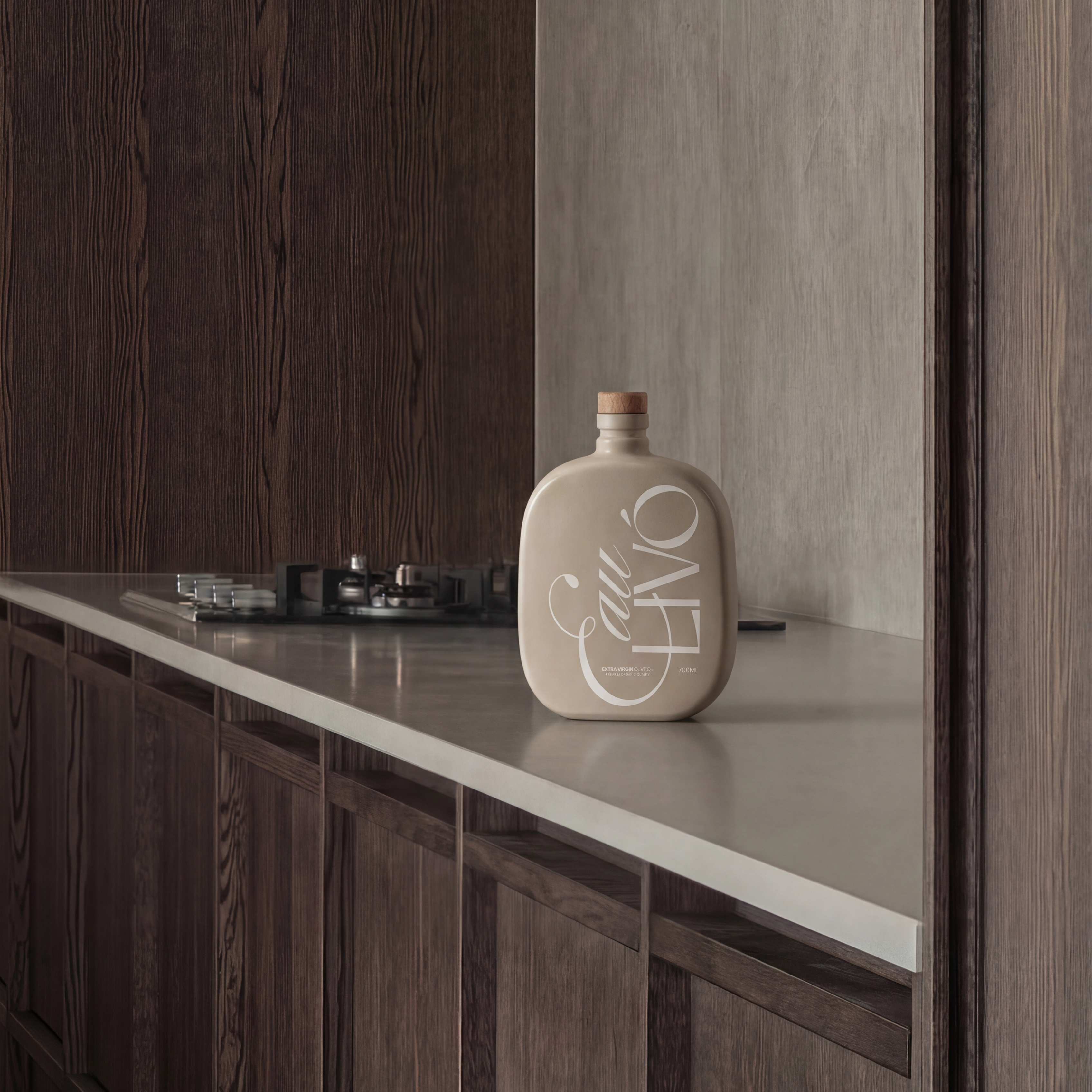 Beautiful sculptural olive oil bottle in design kitchen